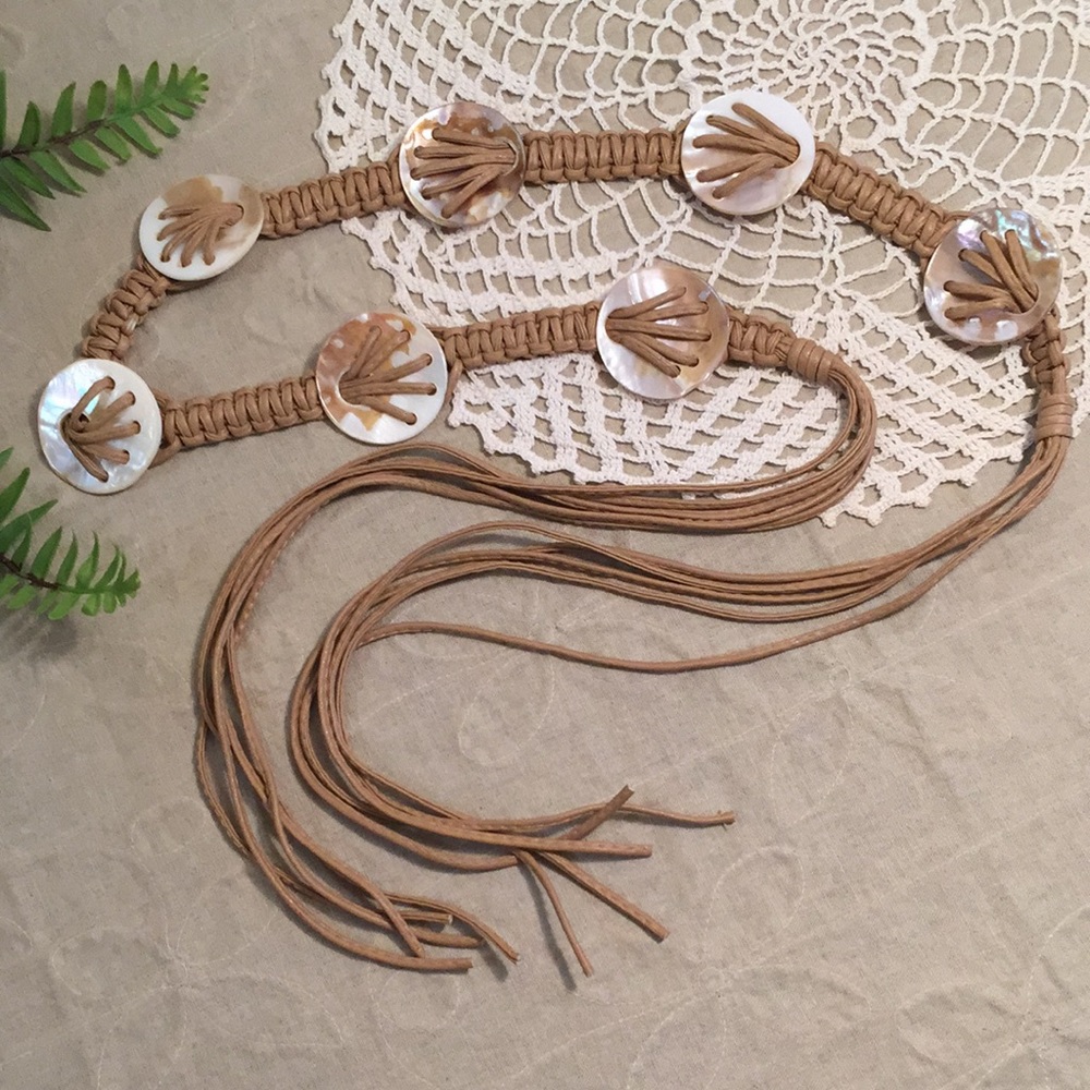 Vintage Shell Medallion Tie Belt With Long Fringe Ends